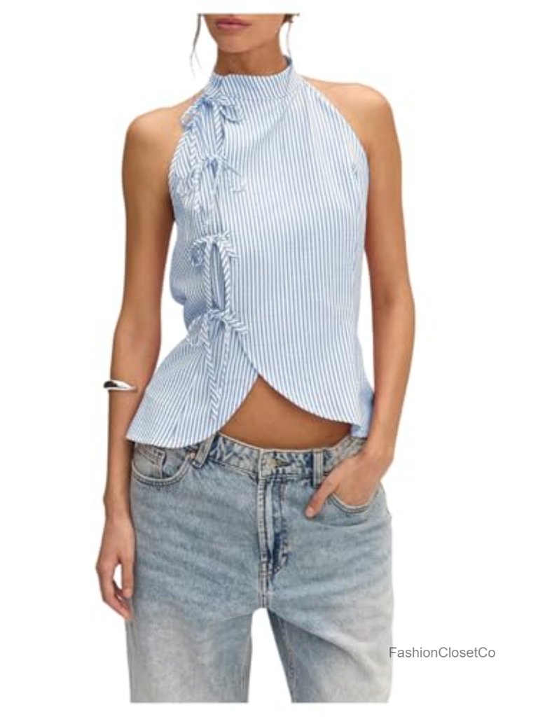 Striped Tie Front Halter Tank Top Sleeveless Open Back Wrap Asymmetrical Hem